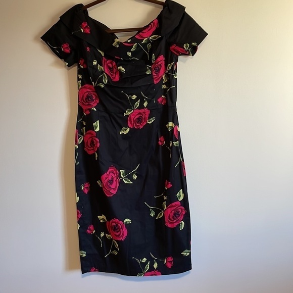 Romantic Pin Up Pencil Dress Med Black Cocktail Rose Fit Mid Belle Pogue Alt - Picture 1 of 15